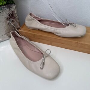 Stuart Weitzman Bardot Ballet Flats Womens Cream Nappa Leather Bow Size 9.5B